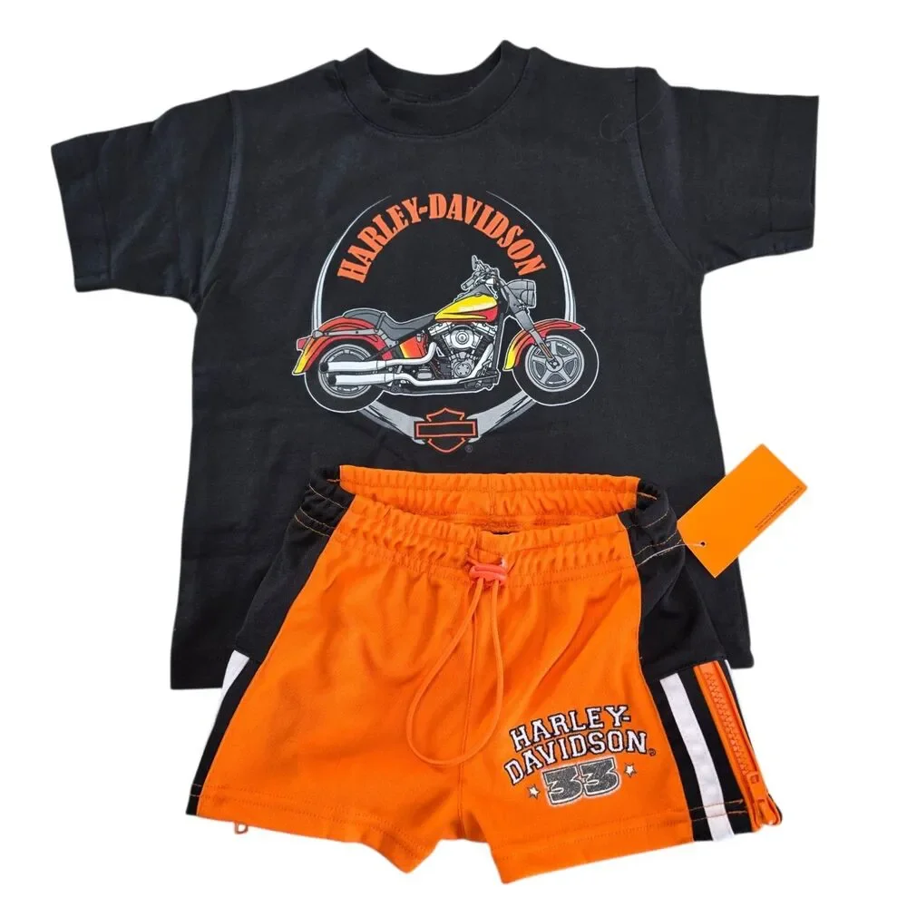 Vintage Harley Davidson Toddler Outfit Size 4-5 T Shirt Shorts Black Orange NWT